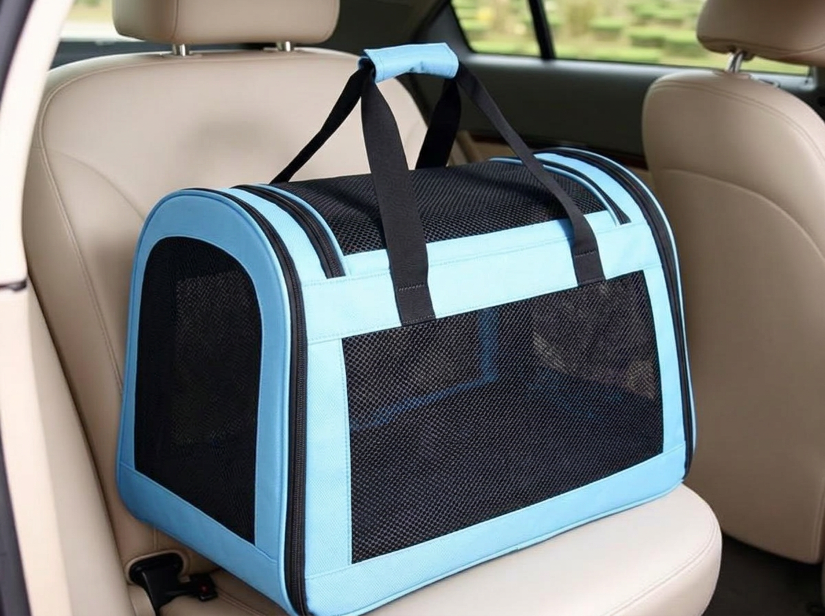 Bolsa de transporte sujeta al asiento del coche con su correa y con mallas de ventilación